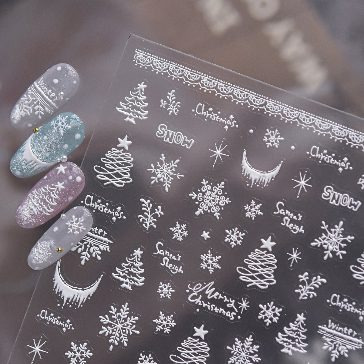 Embossed White Christmas Nail Stickers - Snowflake & Tree Design