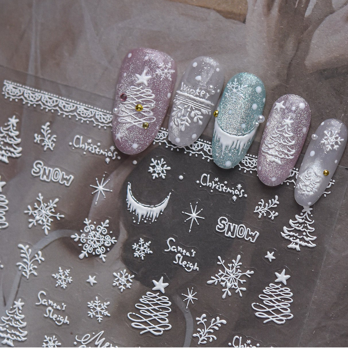 Embossed White Christmas Nail Stickers - Snowflake & Tree Design