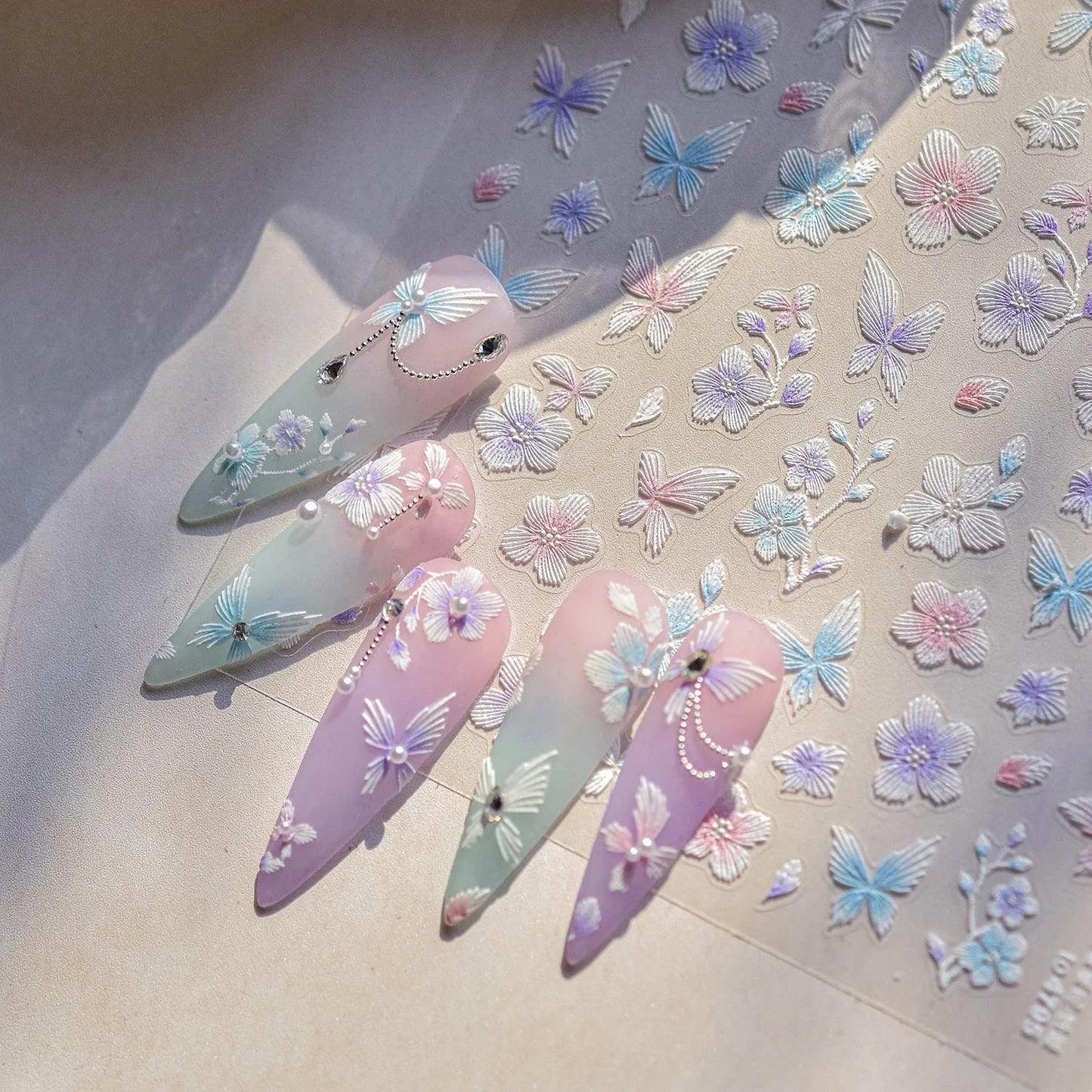 Embroidered Butterfly Flower Nail Art Stickers Adhesive Embossed Floral Sticker Decals 