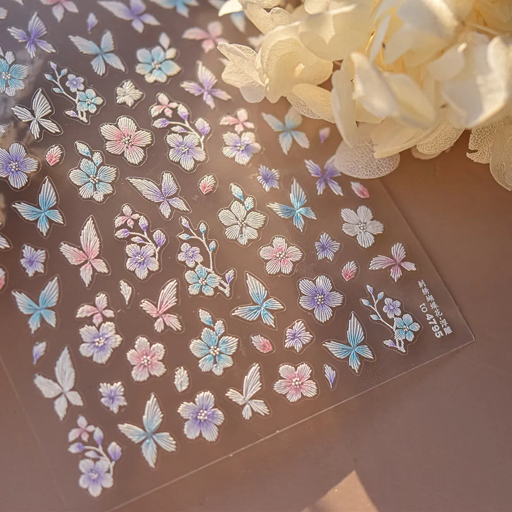 Embroidered Butterfly Flower Nail Art Stickers Adhesive Embossed Floral Sticker Decals 