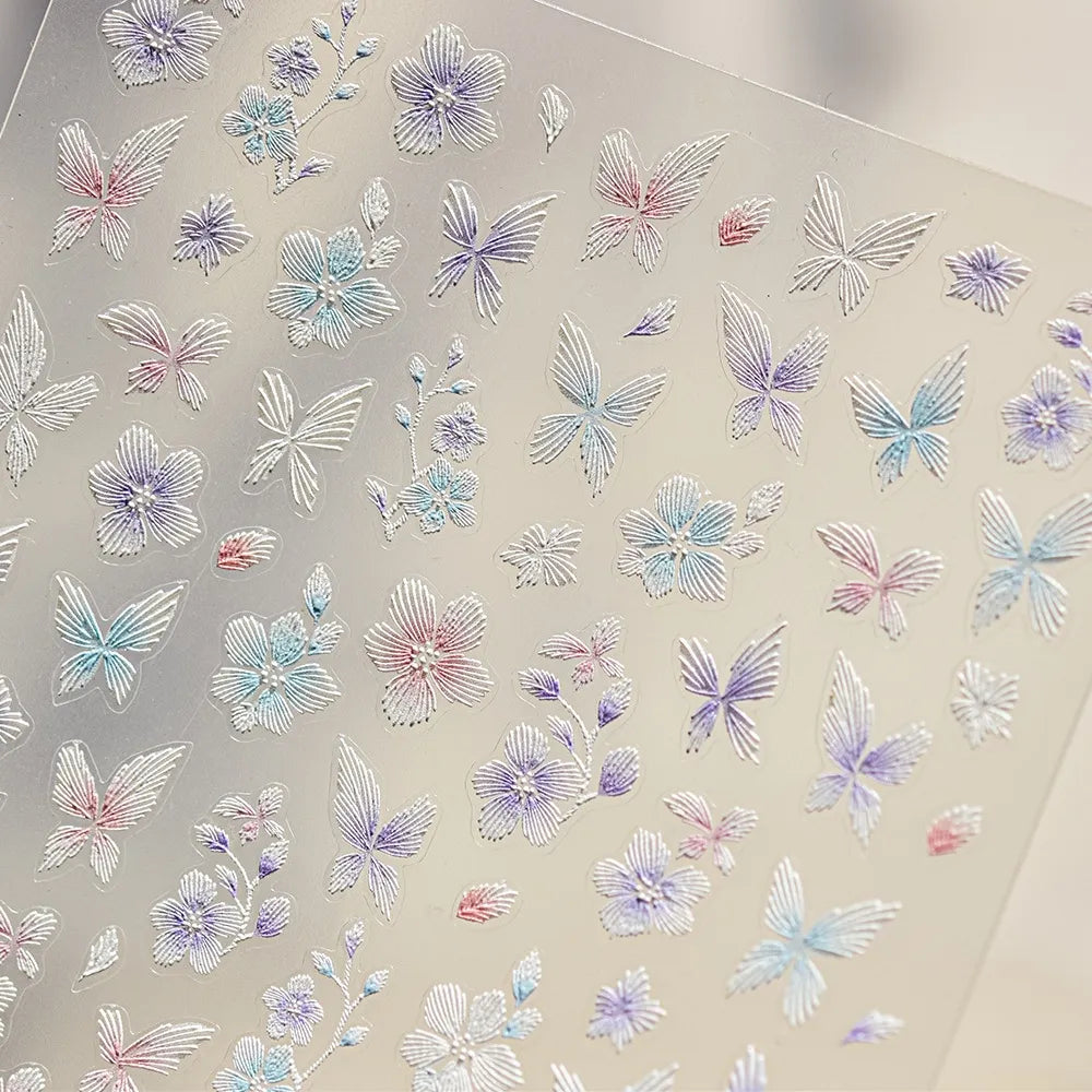 Embroidered Butterfly Flower Nail Art Stickers Adhesive Embossed Floral Sticker Decals 
