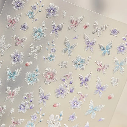 Embroidered Butterfly Flower Nail Art Stickers Adhesive Embossed Floral Sticker Decals 