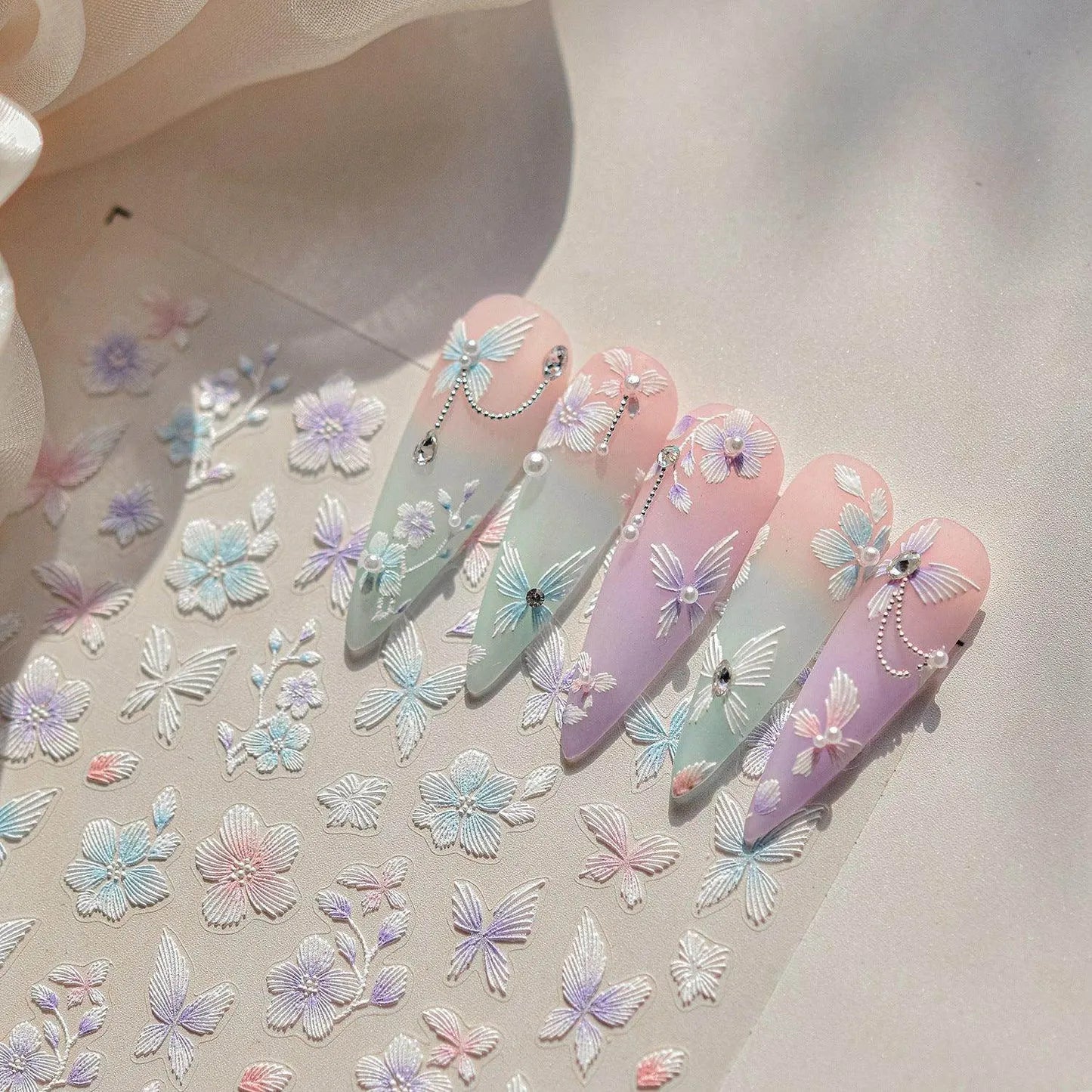 Embroidered Butterfly Flower Nail Art Stickers Adhesive Embossed Floral Sticker Decals 