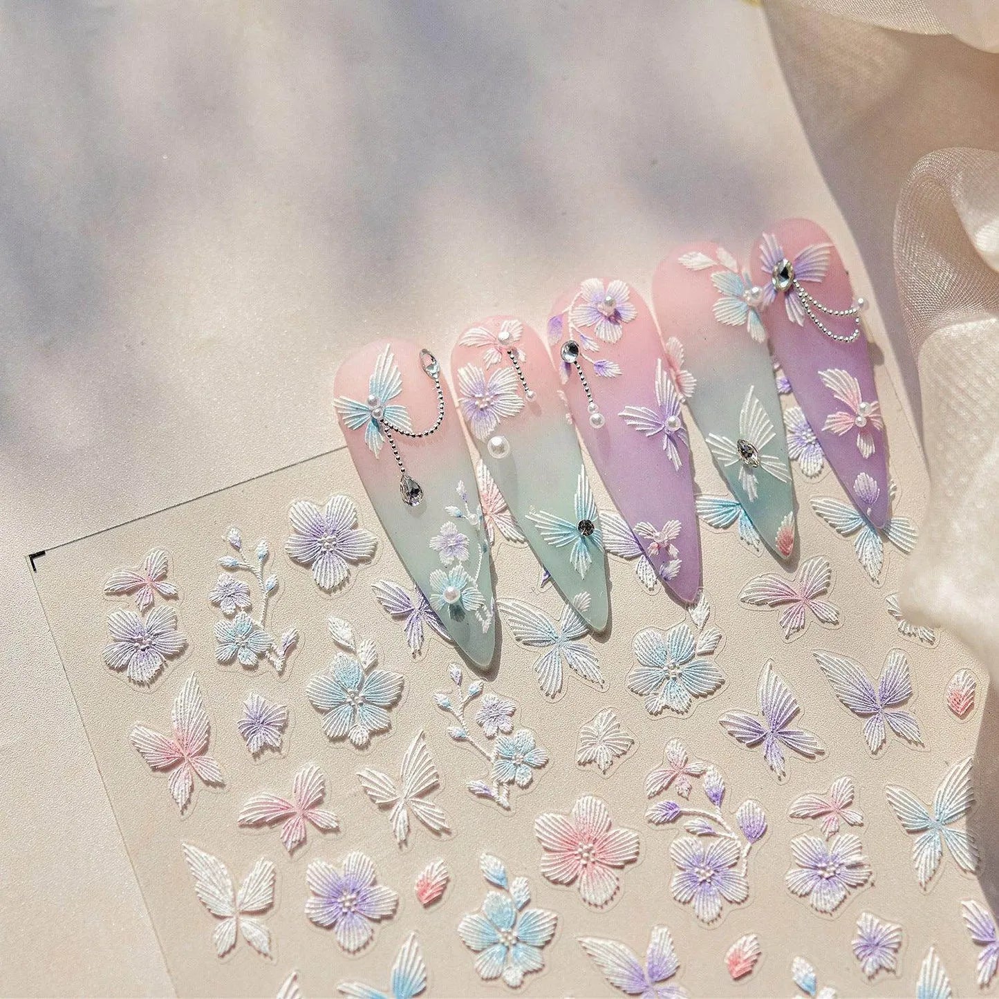 Embroidered Butterfly Flower Nail Art Stickers Adhesive Embossed Floral Sticker Decals 
