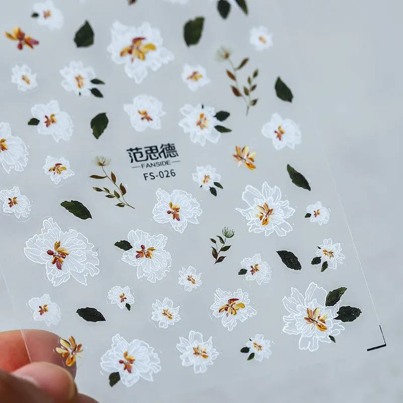Floral Nail Art Stickers White Flower Adhesive Sticker Nail Decals FS026