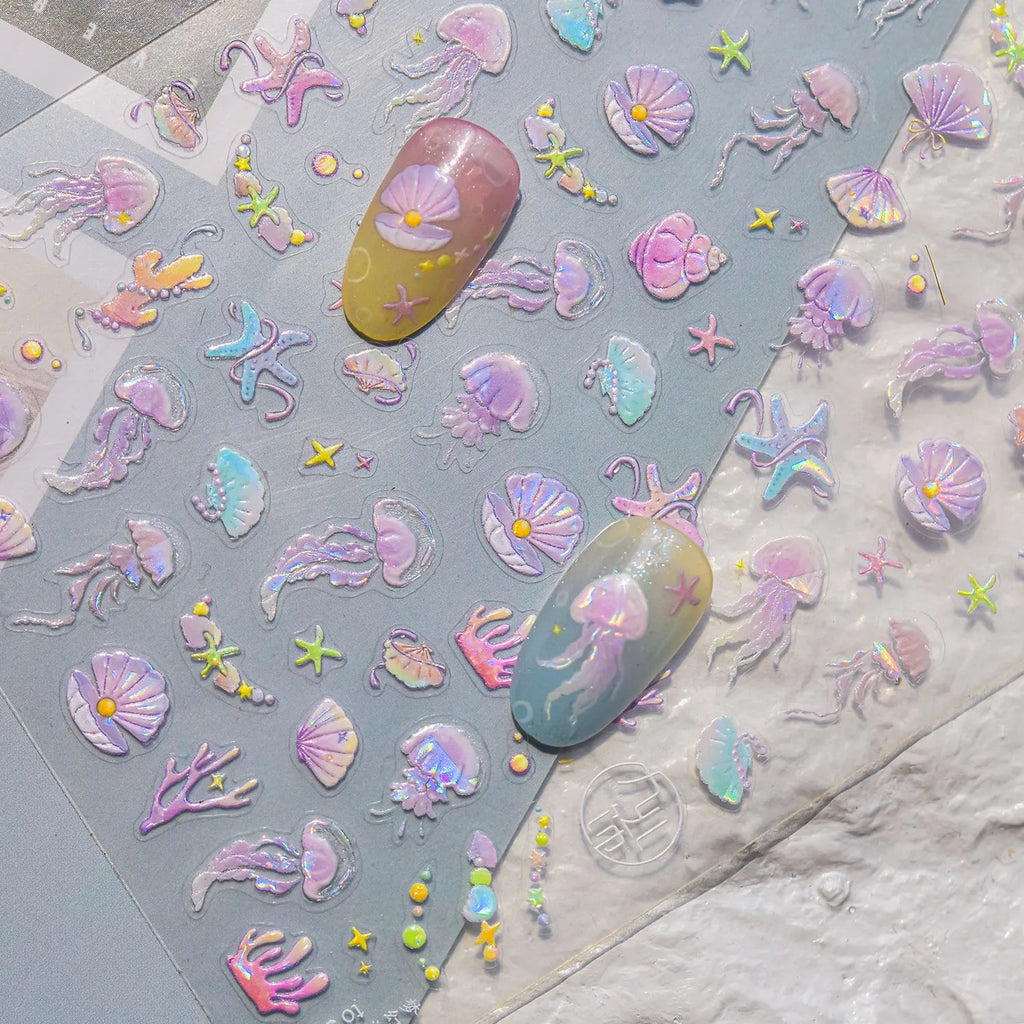Fairy Ocean 5D Nail Stickers – Dreamy Jellyfish, Shells & Magic Charms