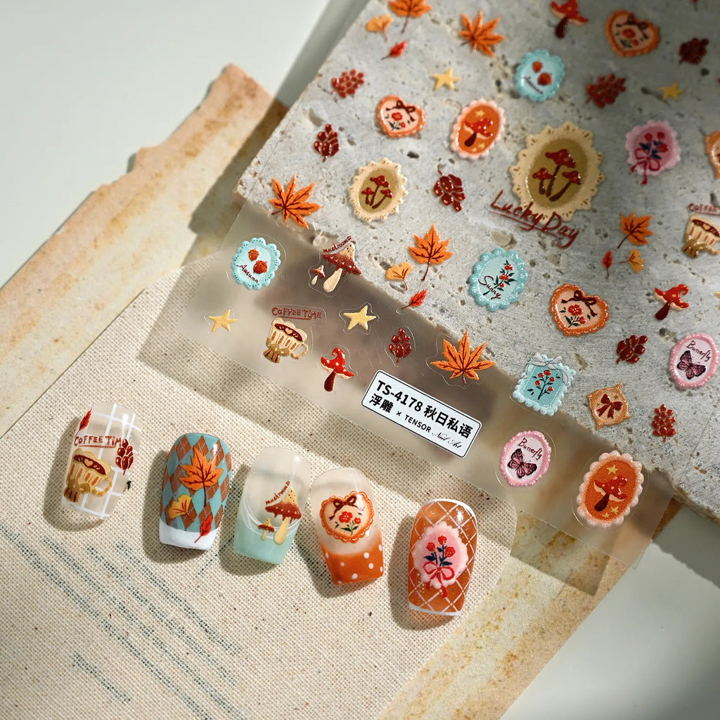 Fall Mushroom Maple Leaf Nail Stickers - Vintage Autumn Decals for Thanksgiving 4178