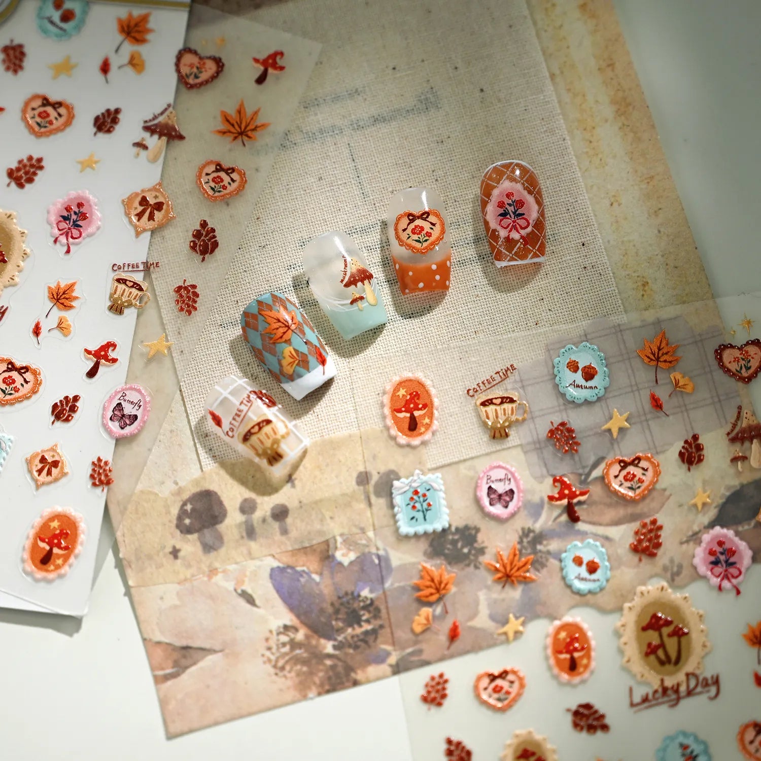 Fall Mushroom Maple Leaf Nail Stickers - Vintage Autumn Decals for Thanksgiving 4178