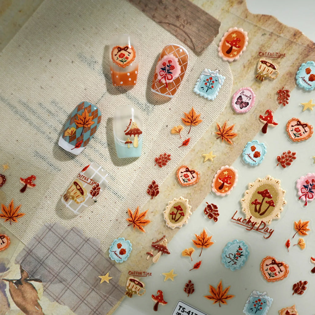 Fall Mushroom Maple Leaf Nail Stickers - Vintage Autumn Decals for Thanksgiving 4178