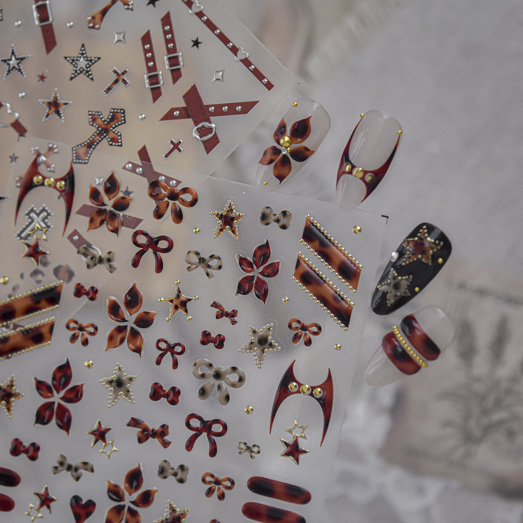 Fall Tortoiseshell Nail Stickers - Y2K Cross & Leopard Print Decals 6057