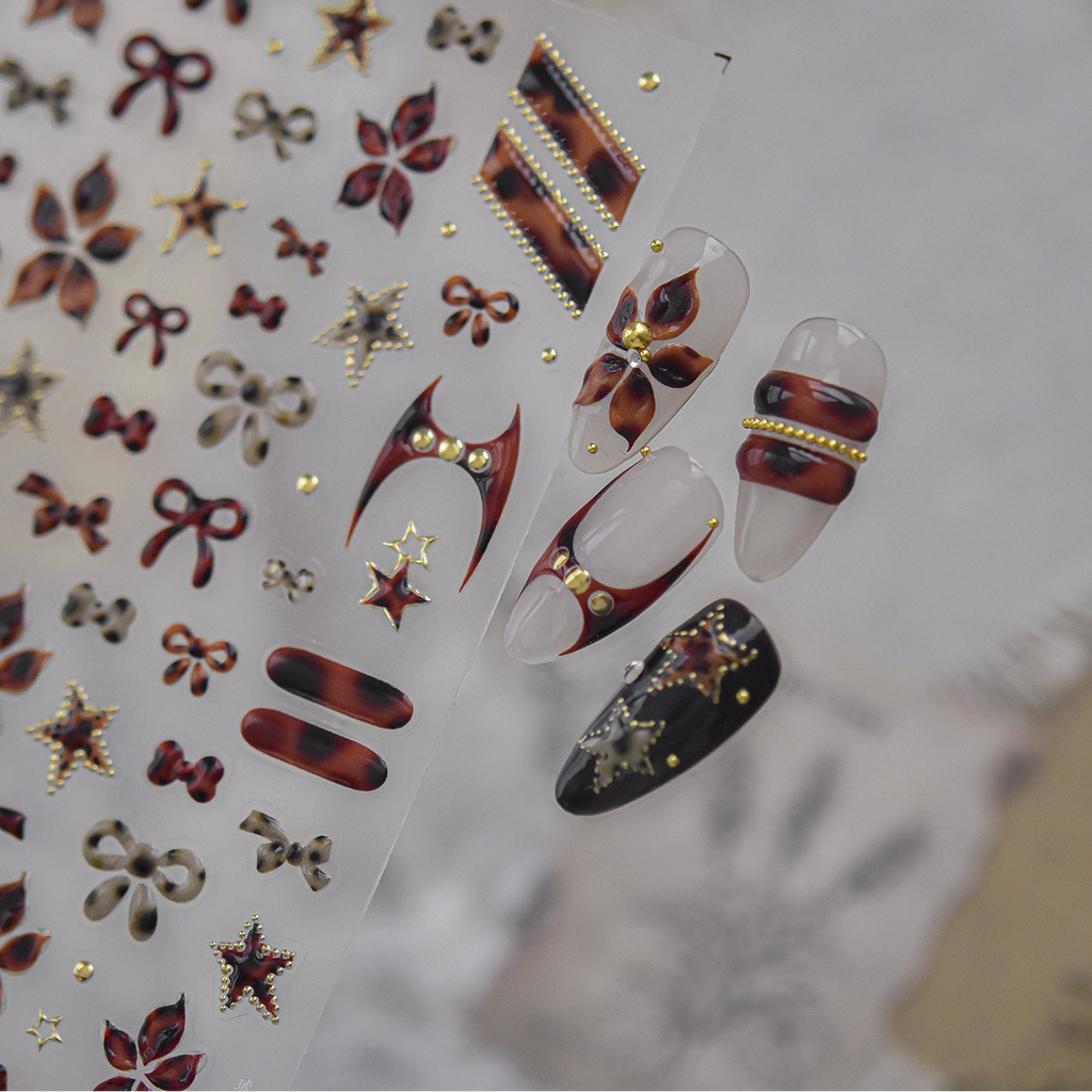 Fall Tortoiseshell Nail Stickers - Y2K Cross & Leopard Print Decals 6057
