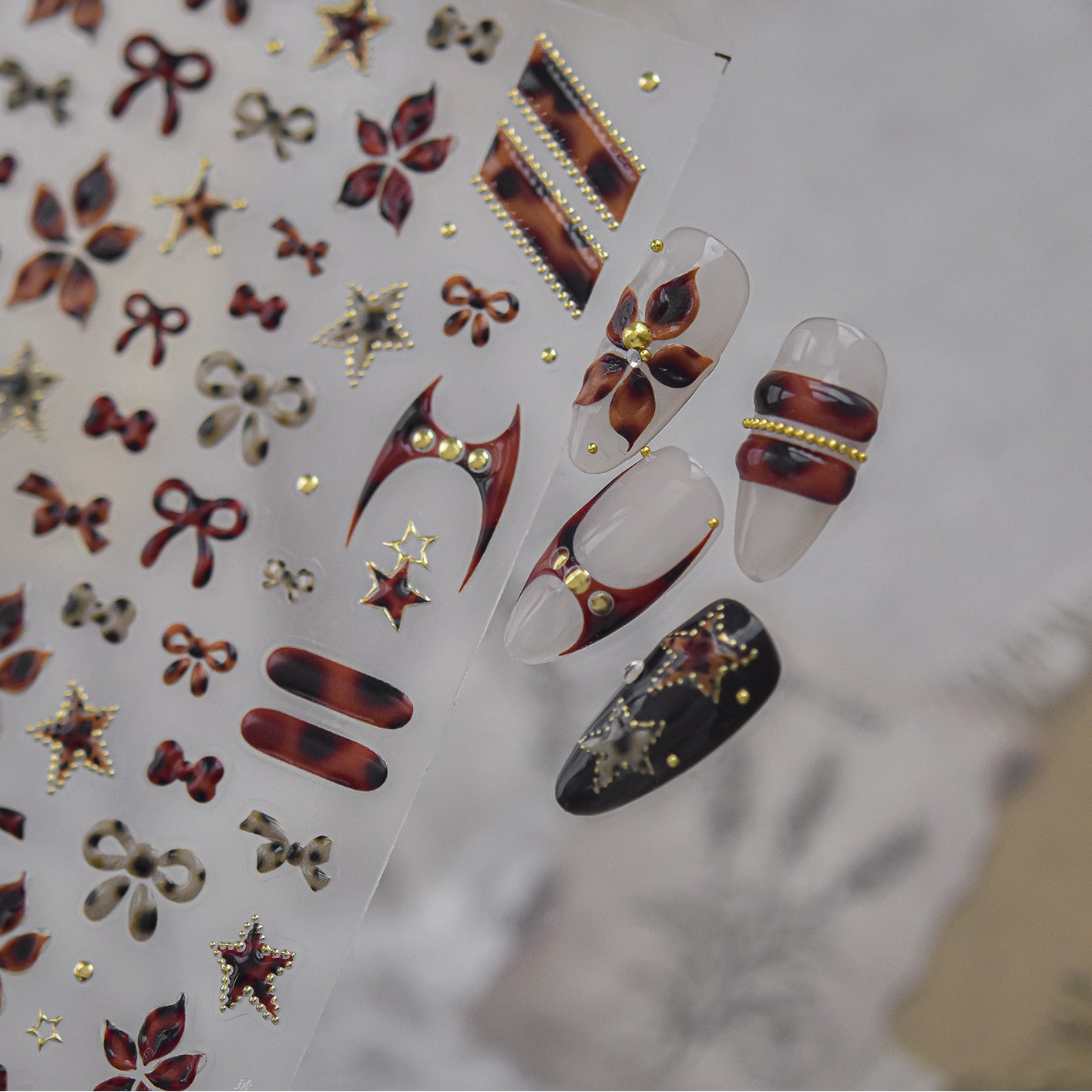 Fall Tortoiseshell Nail Stickers - Y2K Cross & Leopard Print Decals 6057