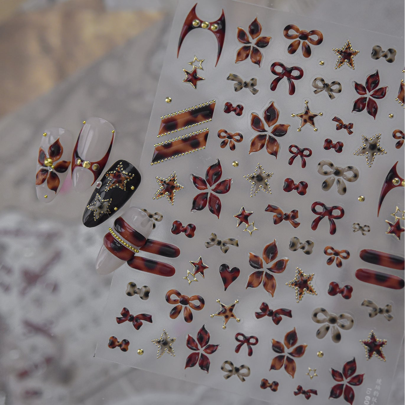 Fall Tortoiseshell Nail Stickers - Y2K Cross & Leopard Print Decals 6057