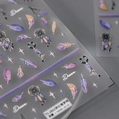 Fantasy Feather Nail Art Stickers Adhesive Slider Embossed Dream Catcher Sticker Decals