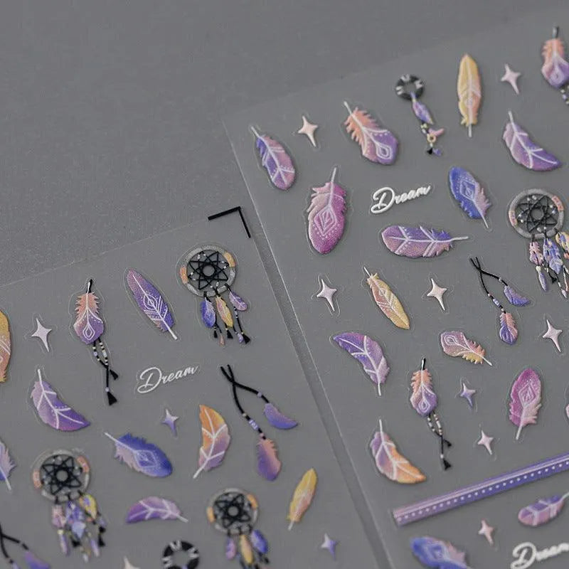 Fantasy Feather Nail Art Stickers Adhesive Slider Embossed Dream Catcher Sticker Decals