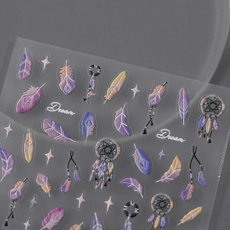 Fantasy Feather Nail Art Stickers Adhesive Slider Embossed Dream Catcher Sticker Decals