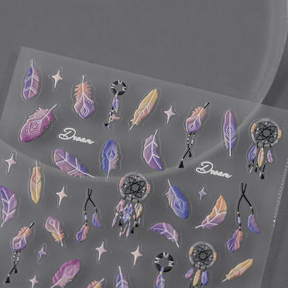 Fantasy Feather Nail Art Stickers Adhesive Slider Embossed Dream Catcher Sticker Decals