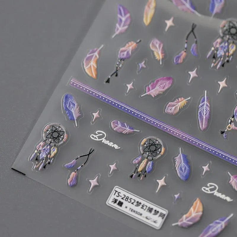 Fantasy Feather Nail Art Stickers Adhesive Slider Embossed Dream Catcher Sticker Decals