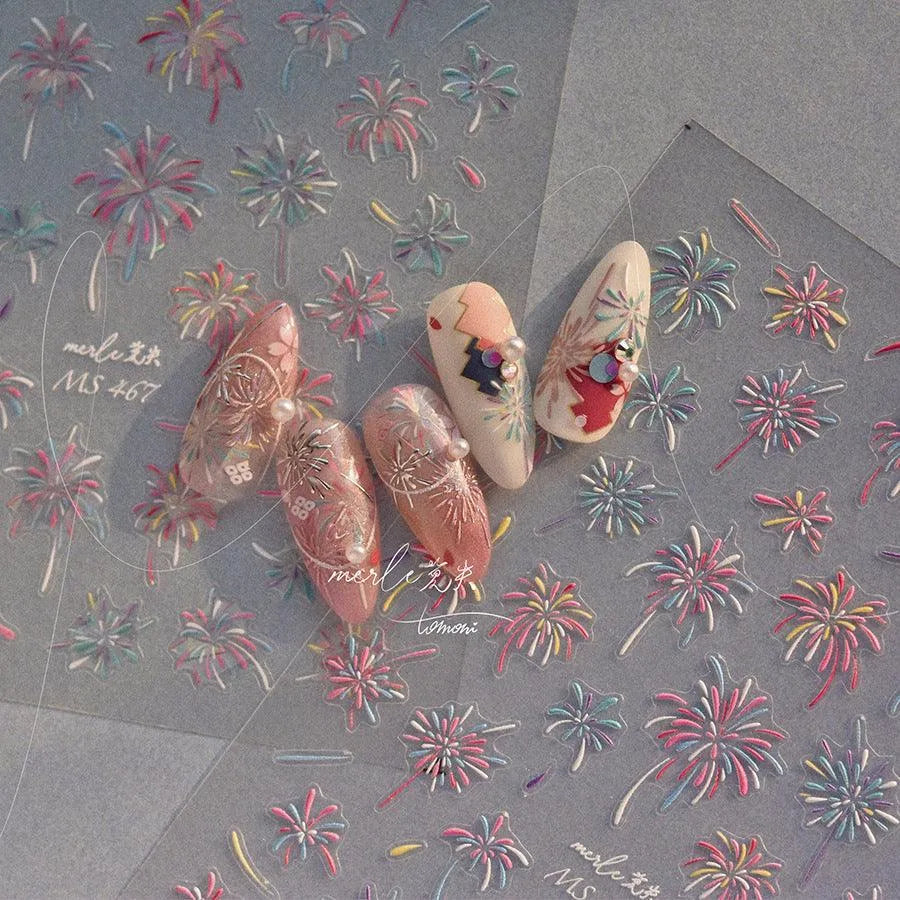 Firework Nail Art Stickers Adhesive Happy New Year Fireworks Embossed Sticker Decals MS465