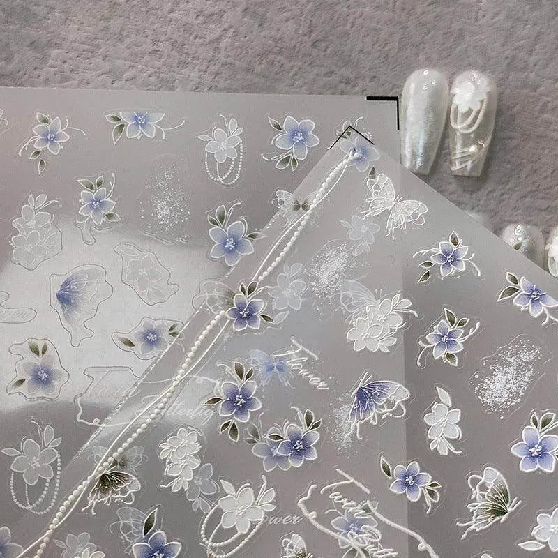 Floral Butterfly Nail Art Stickers 5D Flowers Beads Adhesive Slider Sticker Decals TS3300