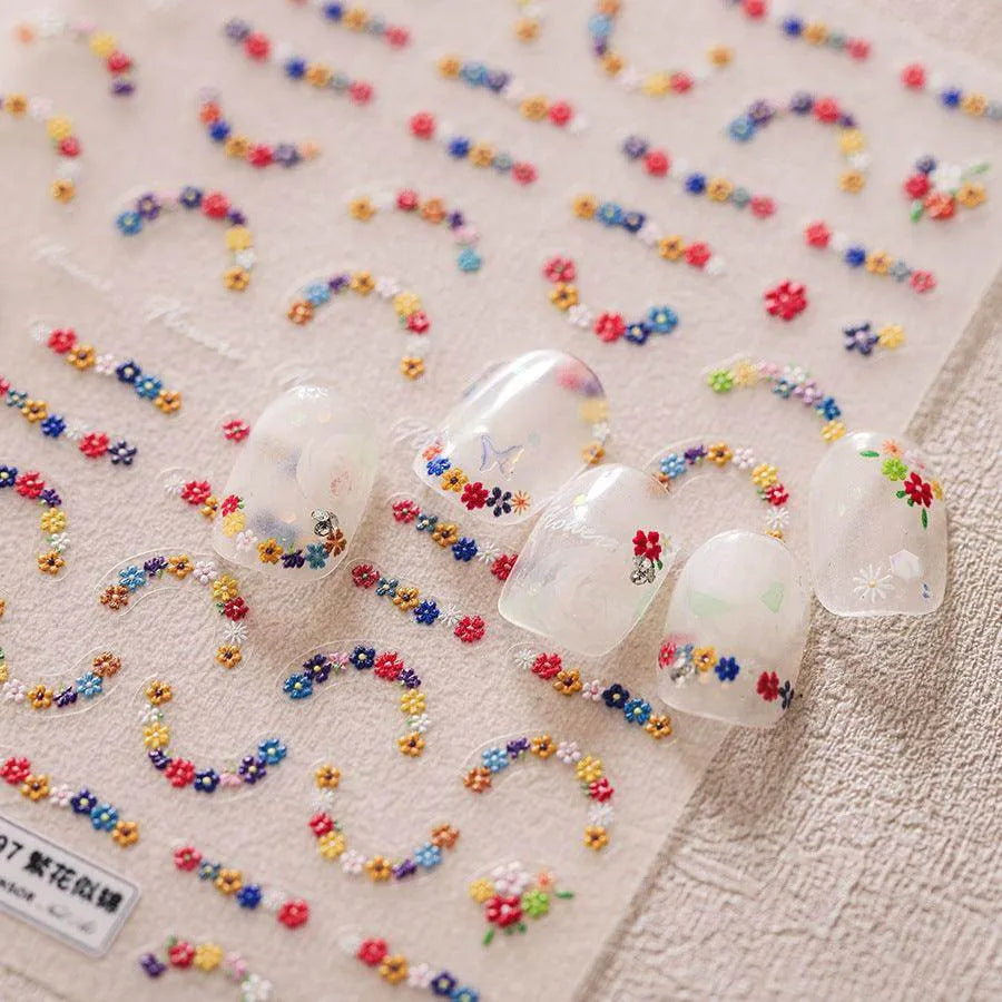 Floral French Nail Art Stickers Adhesive Embossed Flower Tips Sticker Decals 