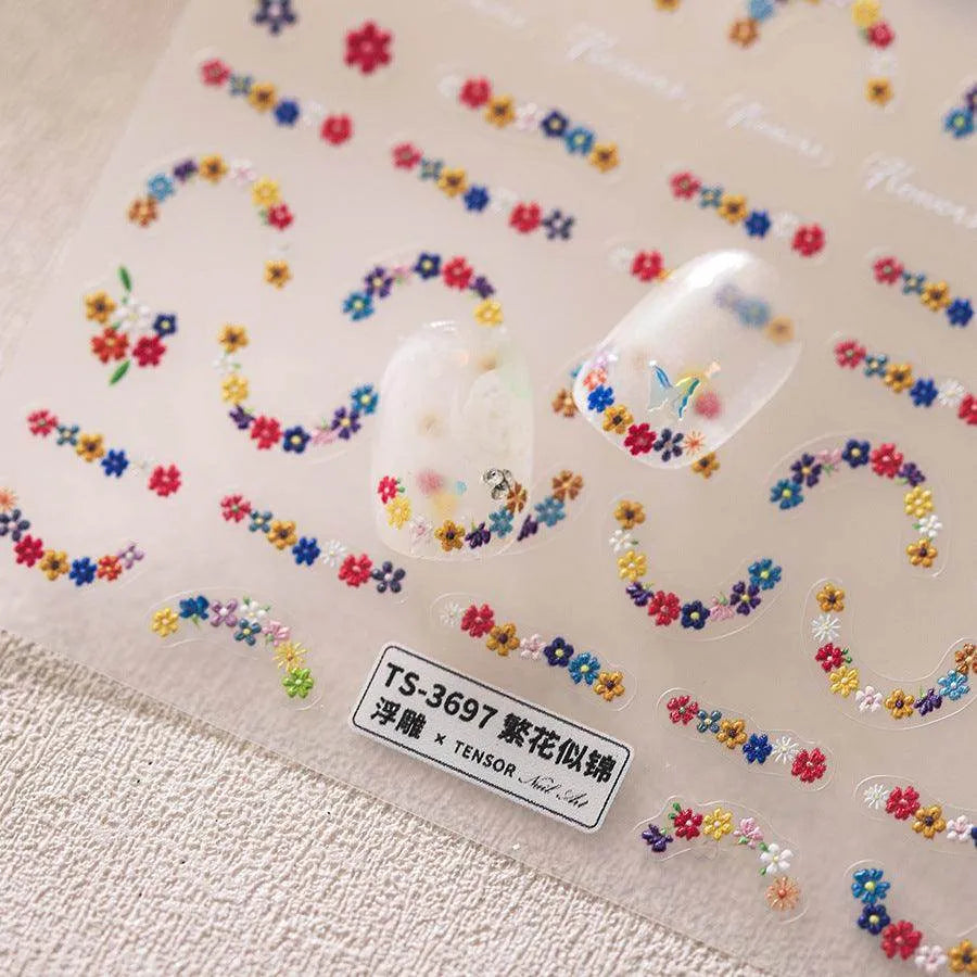 Floral French Nail Art Stickers Adhesive Embossed Flower Tips Sticker Decals 