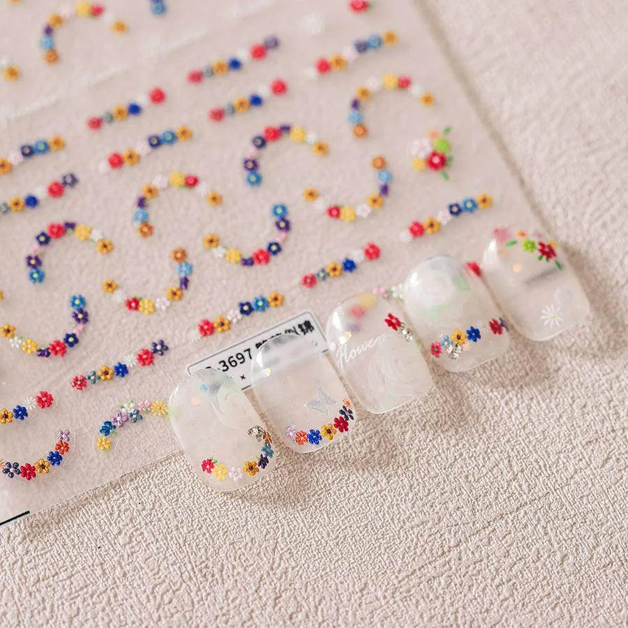 Floral French Nail Art Stickers Adhesive Embossed Flower Tips Sticker Decals 