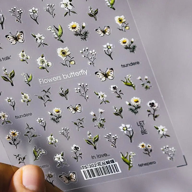 Floral Nail Art Stickers Adhesive Butterfly Flower 3D Adhesive Sticker Decals TS302