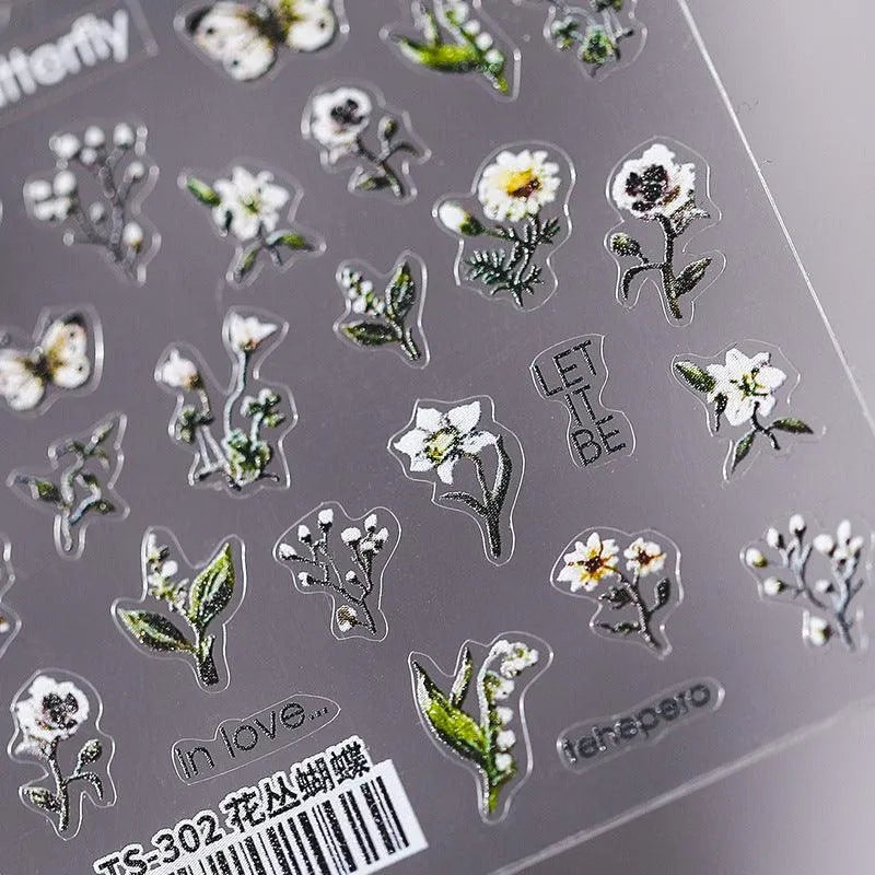 Floral Nail Art Stickers Adhesive Butterfly Flower 3D Adhesive Sticker Decals TS302