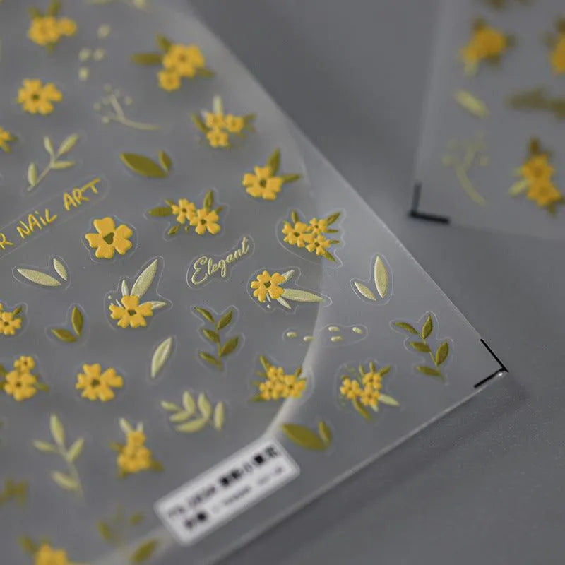Floral Nail Art Stickers Adhesive Slider Embossed Yellow Flower Sticker Decals 