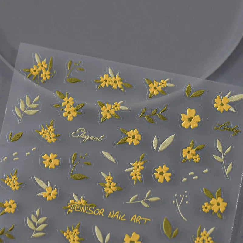 Floral Nail Art Stickers Adhesive Slider Embossed Yellow Flower Sticker Decals 