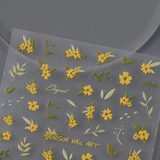 Floral Nail Art Stickers Adhesive Slider Embossed Yellow Flower Sticker Decals 