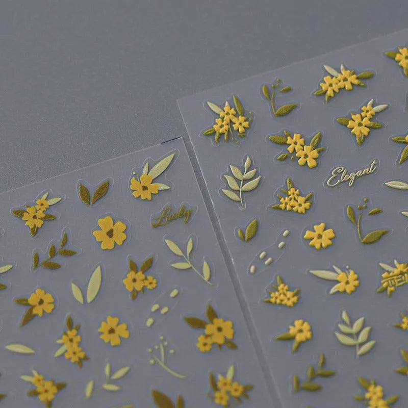 Floral Nail Art Stickers Adhesive Slider Embossed Yellow Flower Sticker Decals 