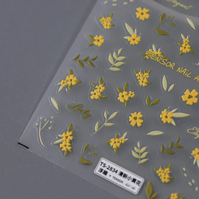 Floral Nail Art Stickers Adhesive Slider Embossed Yellow Flower Sticker Decals 