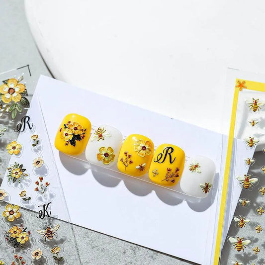 Floral Nail Art Stickers Adhesive Slider Flower Bee Embossed Sticker Decals TS1422