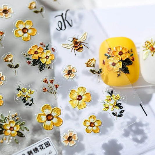 Floral Nail Art Stickers Adhesive Slider Flower Bee Embossed Sticker Decals TS1422