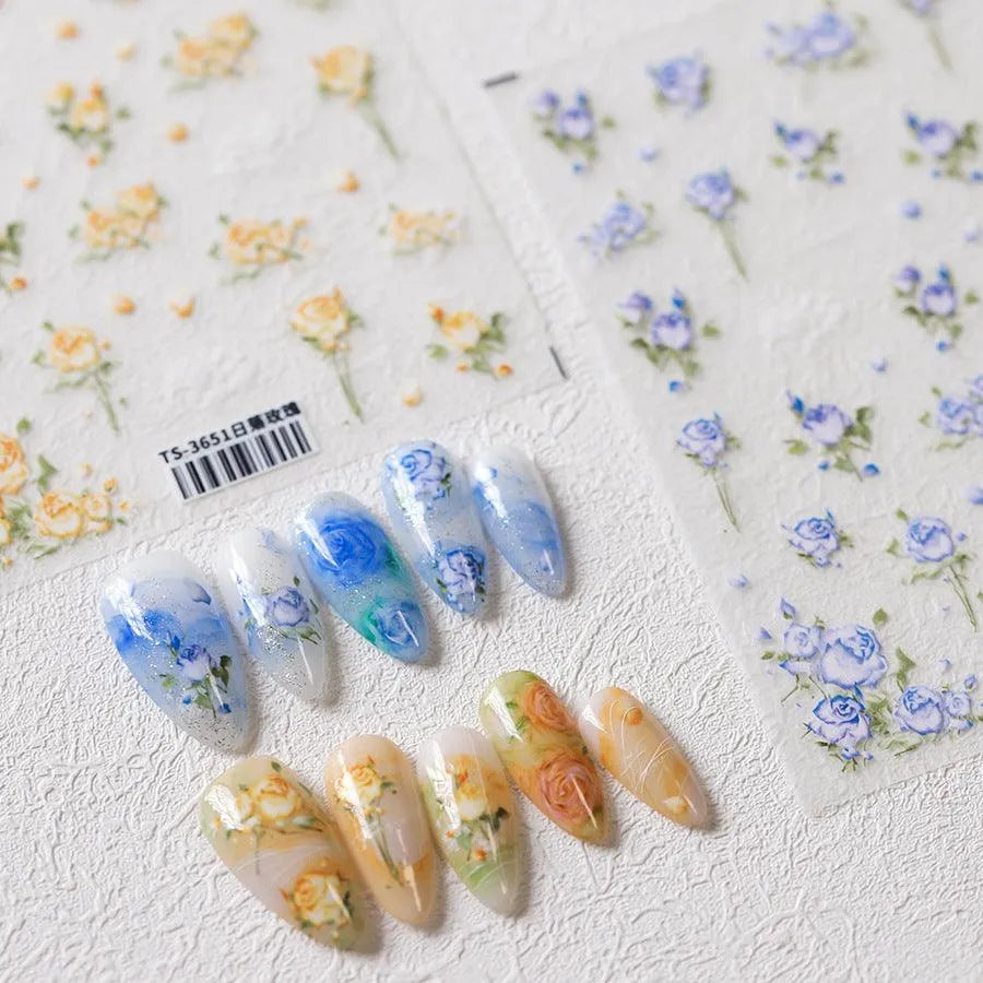 Floral Nail Art Stickers Adhesive Slider Yellow Blue Rose Sticker Decals TS3651