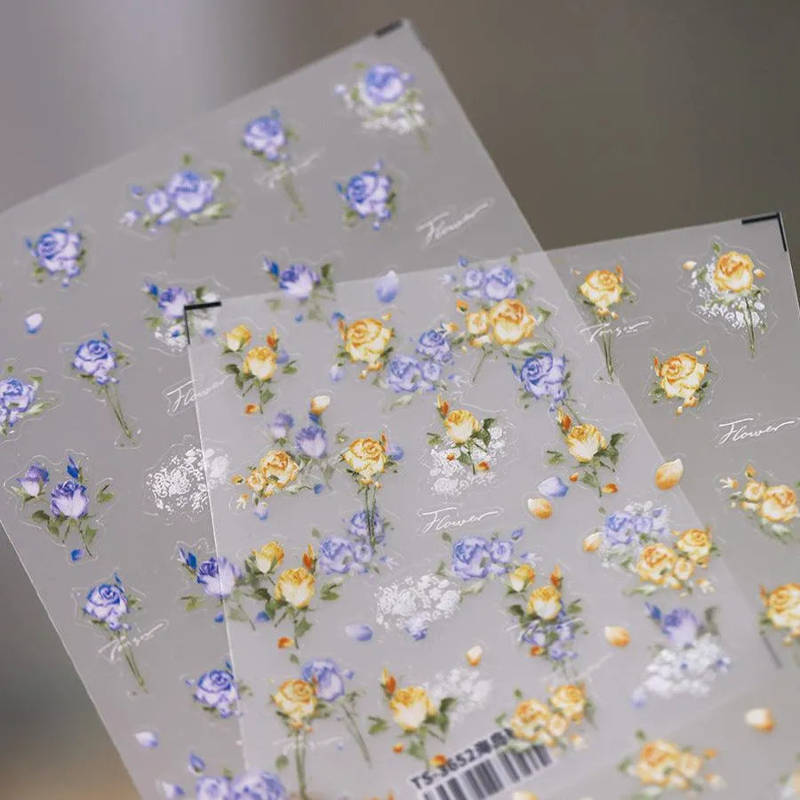Floral Nail Art Stickers Adhesive Slider Yellow Blue Rose Sticker Decals TS3651