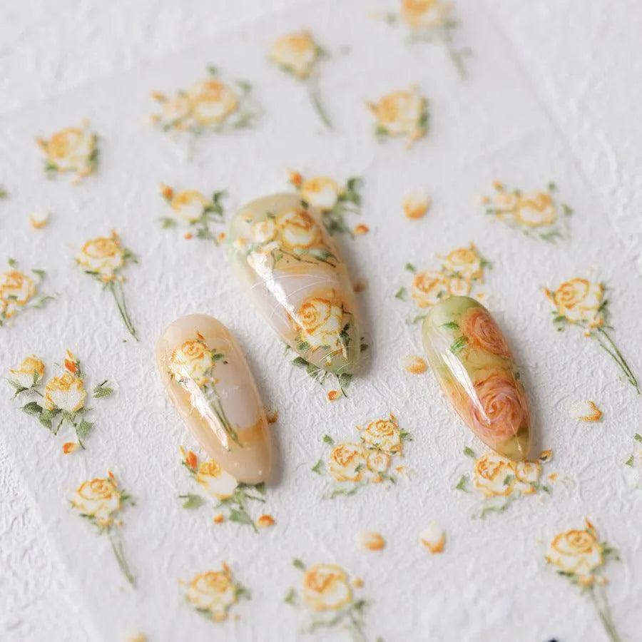 Floral Nail Art Stickers Adhesive Slider Yellow Blue Rose Sticker Decals TS3651