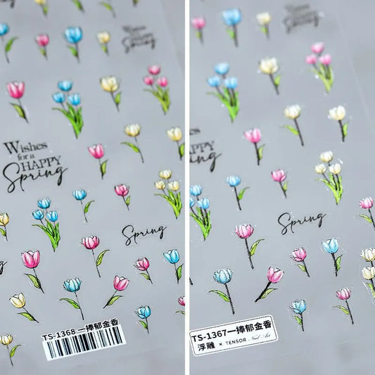 Floral Nail Art Stickers Vibrant Tulip Designs Adhesive Sticker Decals TS1367