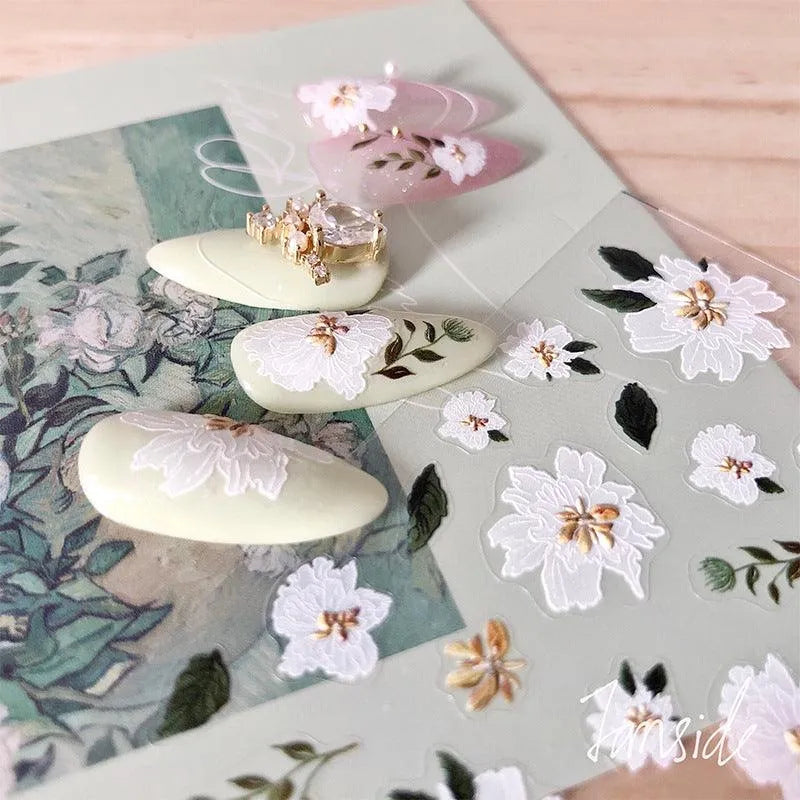 Floral Nail Art Stickers White Flower Adhesive Sticker Nail Decals FS023