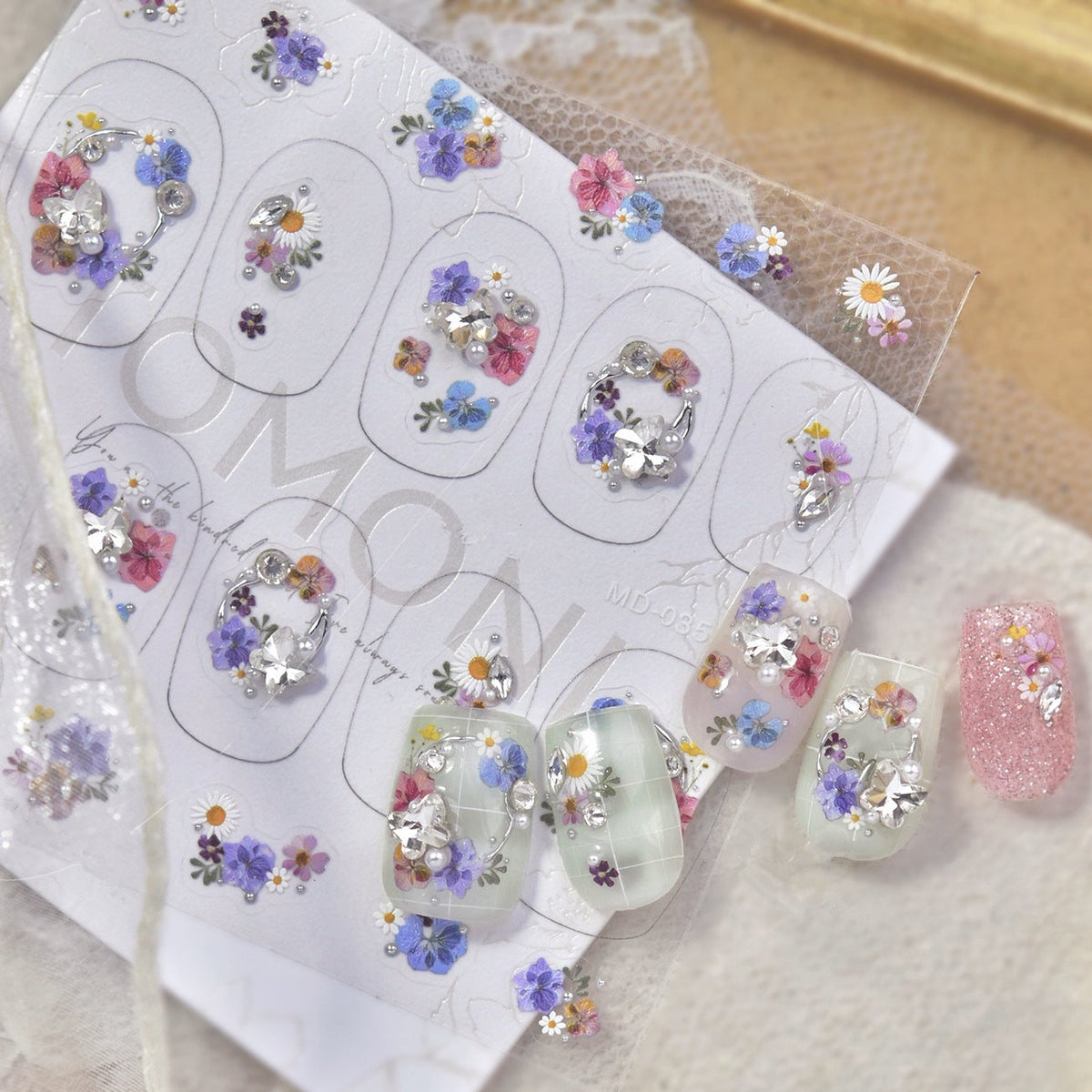 Floral Rhinestone Nail Stickers – Pre-Arranged Self-Adhesive Nail Gems MD035