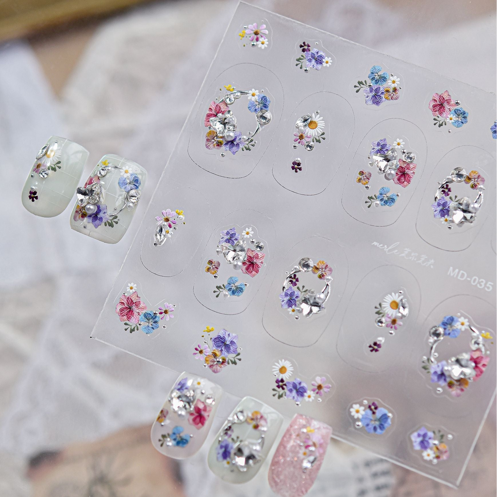 Floral Rhinestone Nail Stickers – Pre-Arranged Self-Adhesive Nail Gems MD035