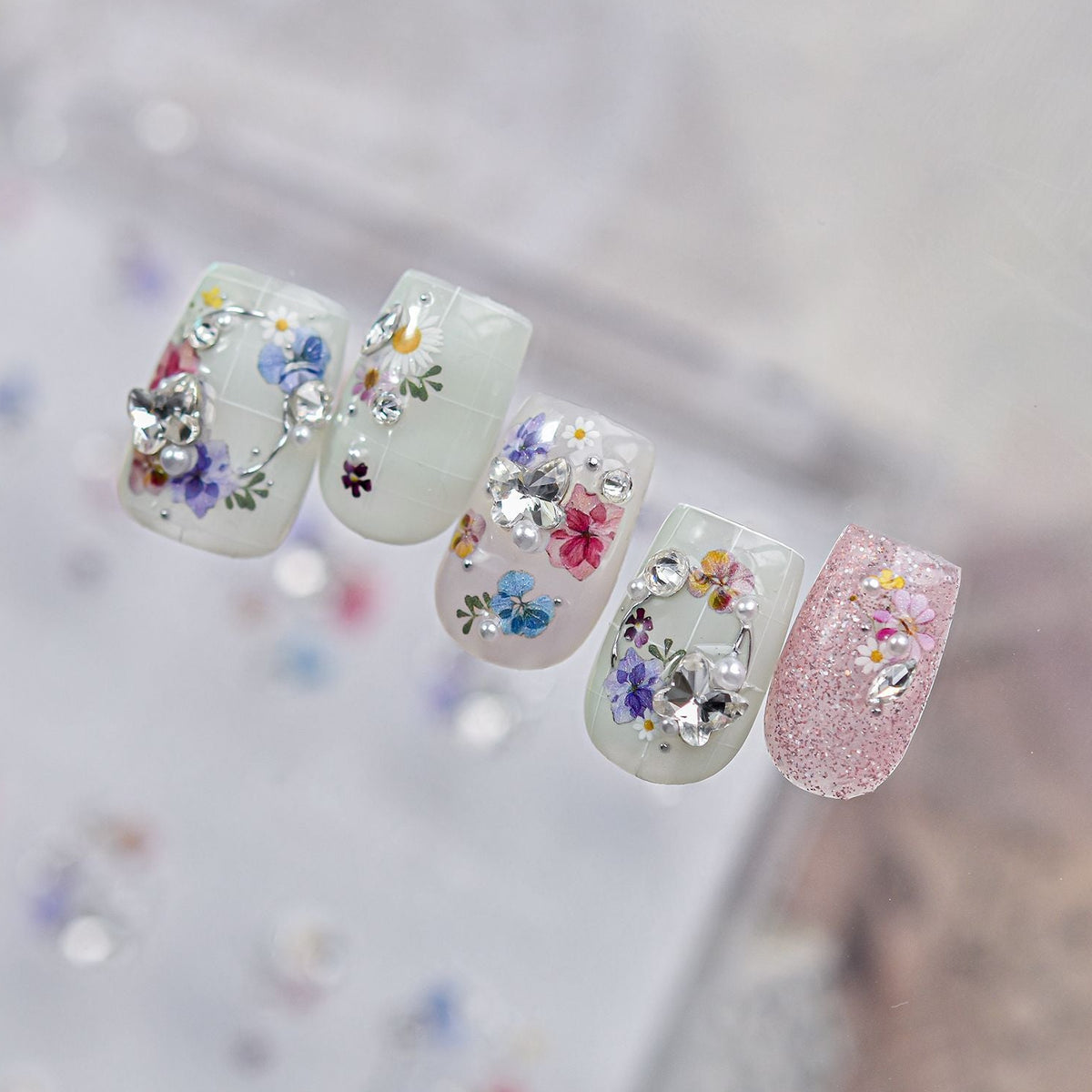 Floral Rhinestone Nail Stickers – Pre-Arranged Self-Adhesive Nail Gems MD035