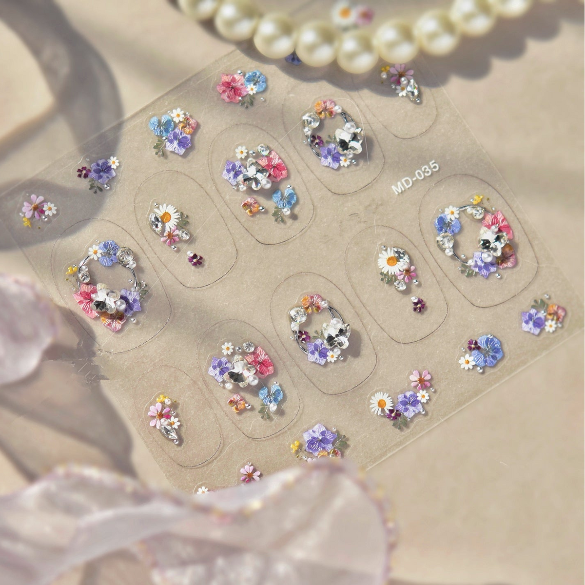 Floral Rhinestone Nail Stickers – Pre-Arranged Self-Adhesive Nail Gems MD035