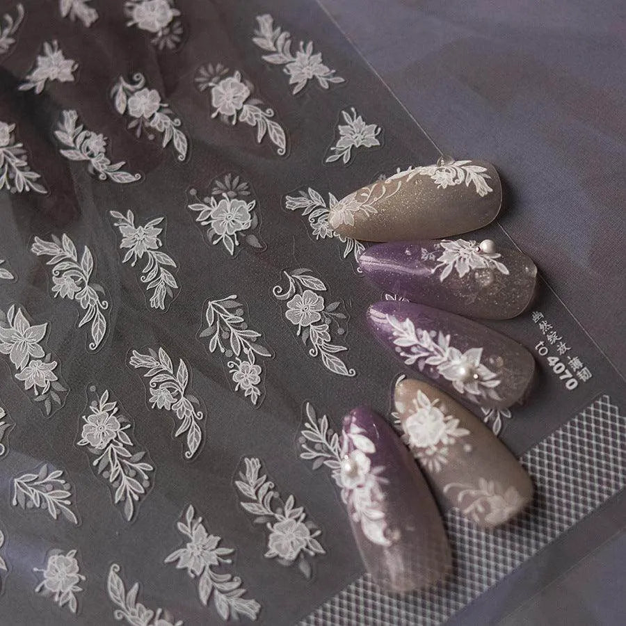 Flower Lace Nail Art Stickers White Bridal Lace Adhesive Embossed Sticker Decals to4070