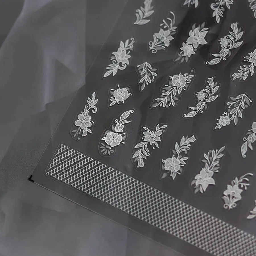 Flower Lace Nail Art Stickers White Bridal Lace Adhesive Embossed Sticker Decals to4070