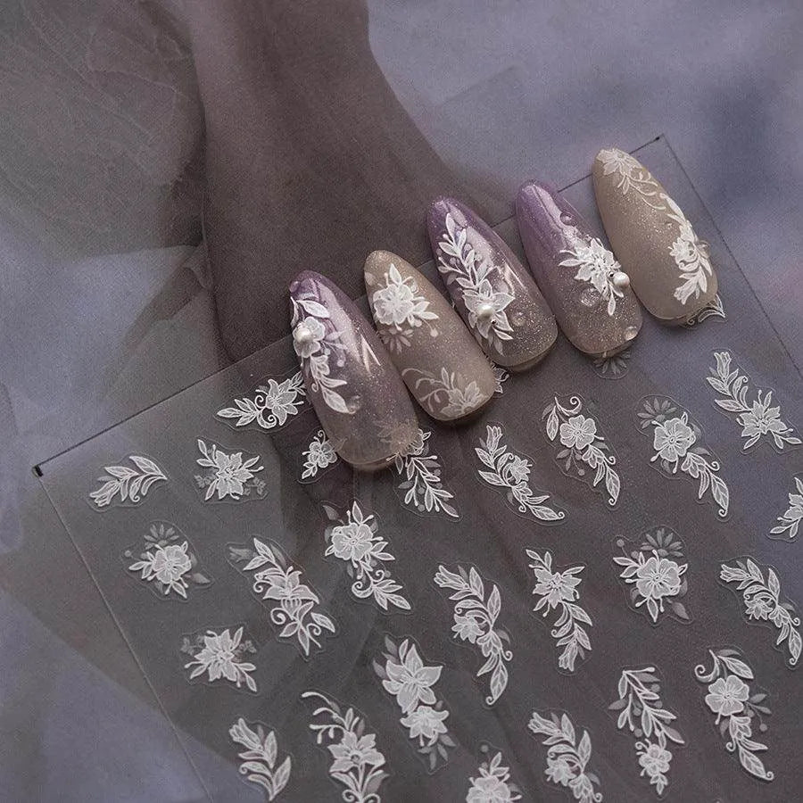 Flower Lace Nail Art Stickers White Bridal Lace Adhesive Embossed Sticker Decals to4070