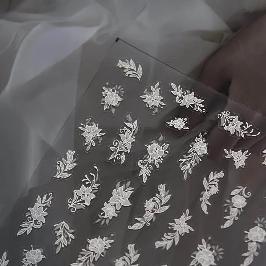 Flower Lace Nail Art Stickers White Bridal Lace Adhesive Embossed Sticker Decals to4070