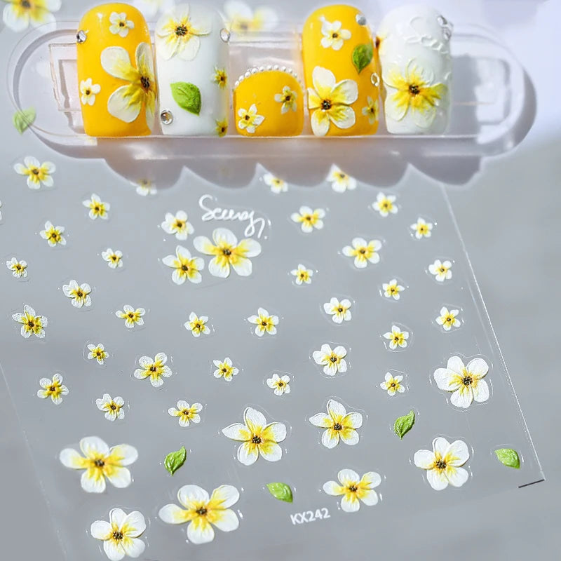 Flower Nail Art Stickers Adhesive Embossed Plumeria Sticker Decals KX241